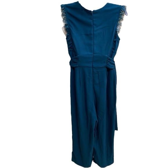 Francesca’s Teal Blue Mira Eyelash Lace Plunge Neckline Wide Leg Jumpsuit Sz XS - Picture 10 of 15